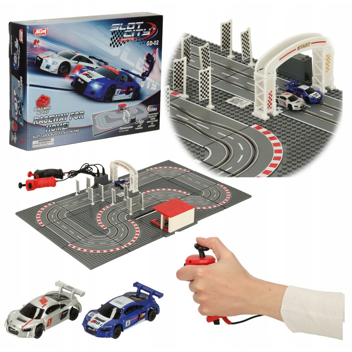 Elektromos autópálya szett 2 autóval, 15 építőelemmel, 24 garázsblokkal, 38,5x64cm