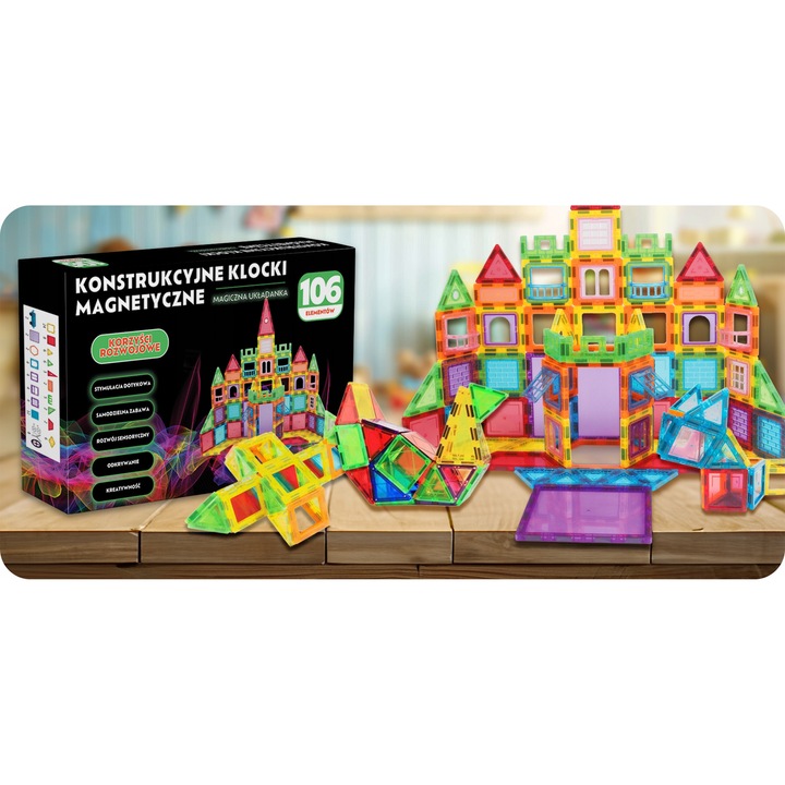 Set de constructie Jimmy, Kloce magnetice 3D, 70 elemente, multicolor, 42x26x6cm