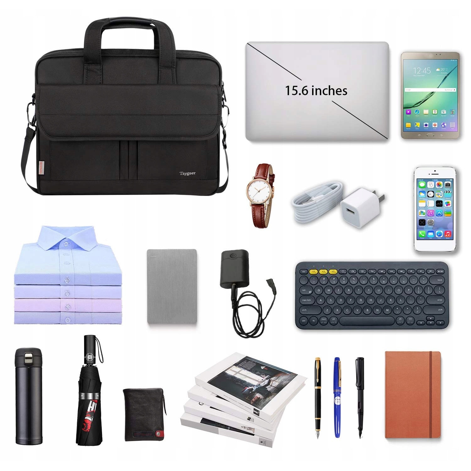 Geanta laptop Taygeer 15,6", neagra, material premium, impermeabila, cu curea si organizator