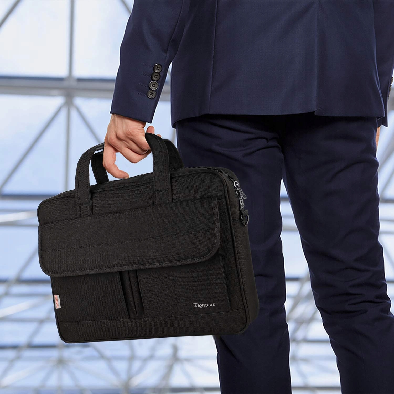 Geanta laptop Taygeer 15,6", neagra, material premium, impermeabila, cu curea si organizator