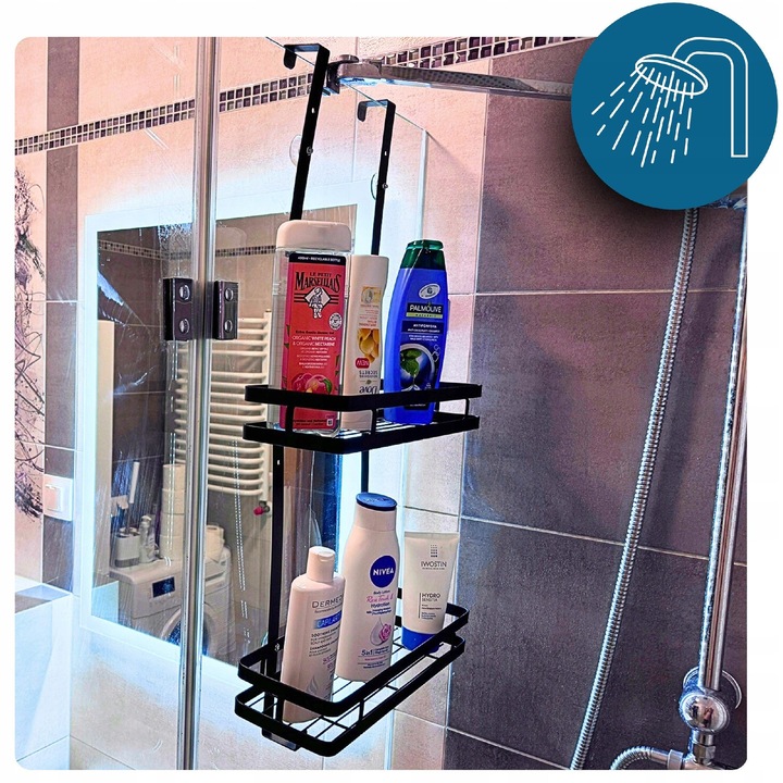 Suport de baie suspendat ZLARO, 2 etaje, metal, negru, 73x35x12cm