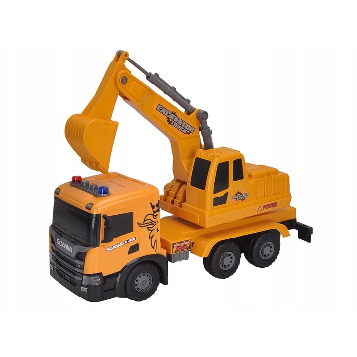Camion de jucarie Scania P410, set cu excavator, 55x19x28cm, functii sonore, lumini