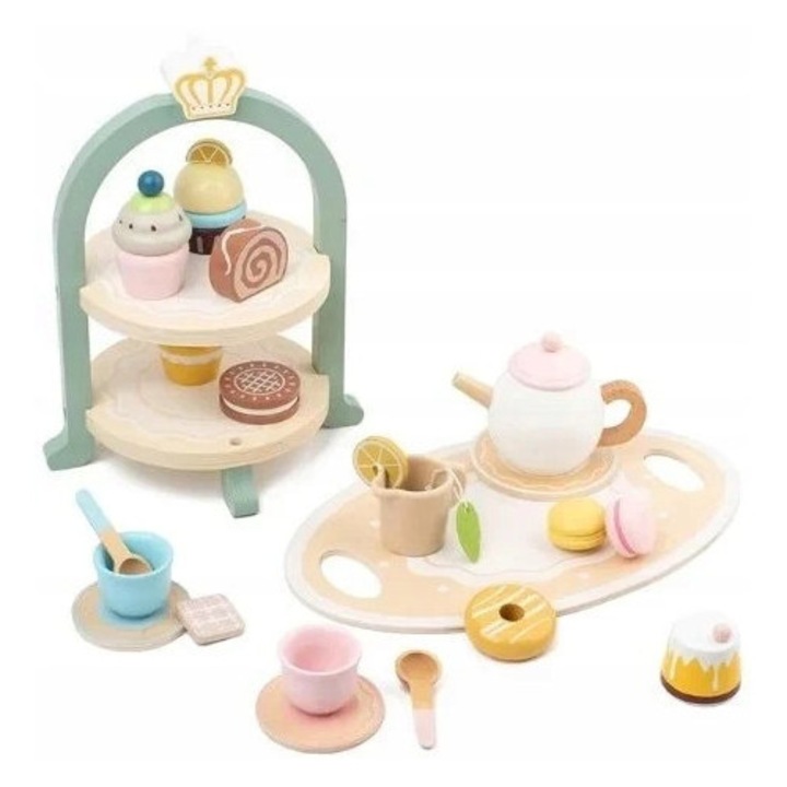 Set de servire din lemn pentru copii, 2 niveluri, culori pastelate, 30x30cm