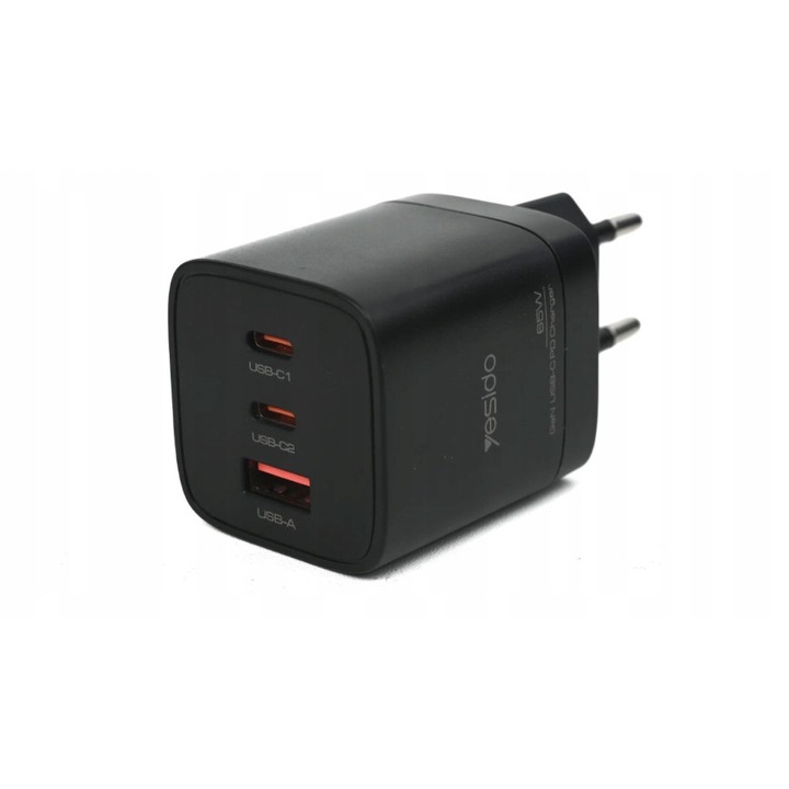 Incarcator Yesido YC65 65W GaN Mini, 3 porturi, negru