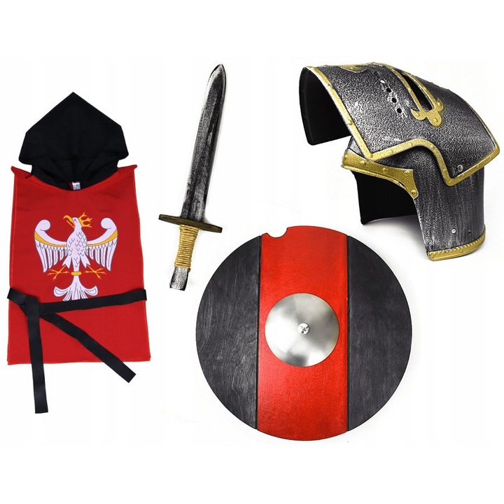 Lovagi jelmez szett, kard, pajzs, sisak, piros tunika, kard mérete 45cm, tunika mérete 58x35cm