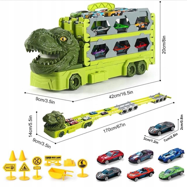 Autószállító kisautó szett, dinoszaurusz modell, műanyag, többszínű
