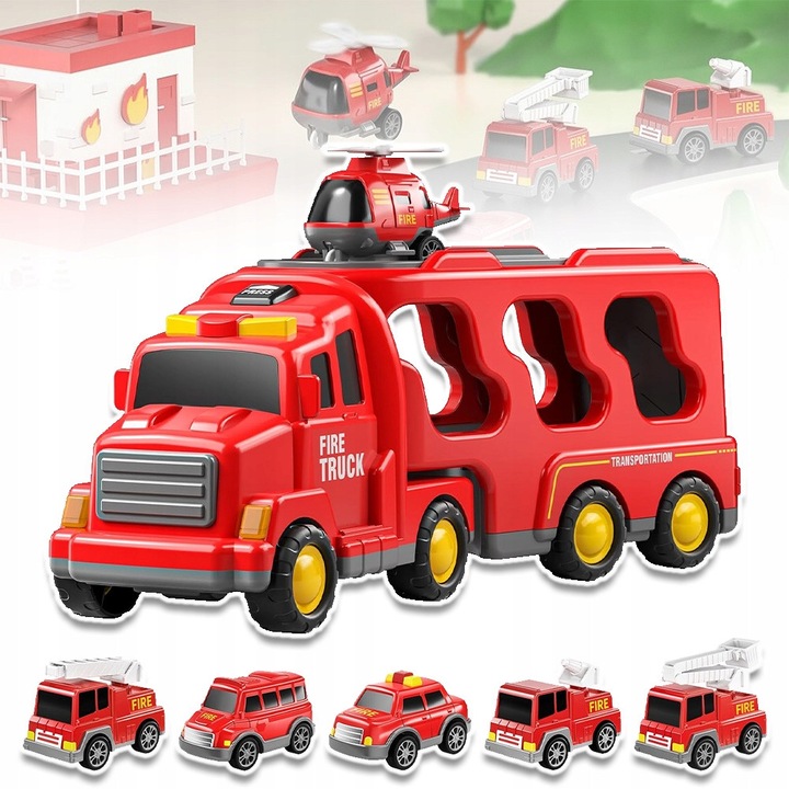 Set 7 jucarii utilaje de constructie, masina de pompieri cu sunete si lumini, rosu