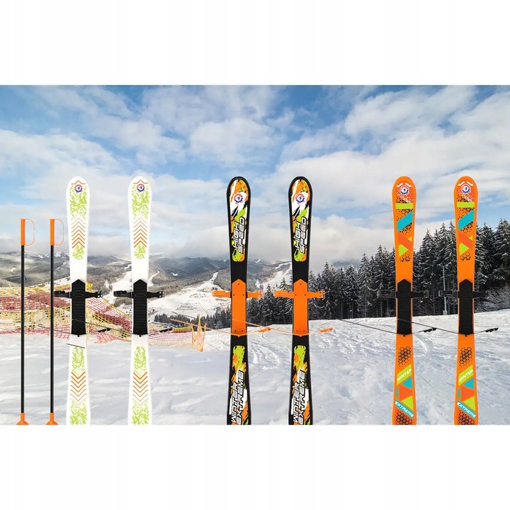 Narti zjazdowe 90 cm, set cu kijki, diverse culori, pentru copii