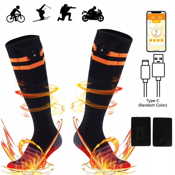 Sosete electrice incalzite, 5000mAh, negru, set cu 2 baterii, aplicatie de control temperatura