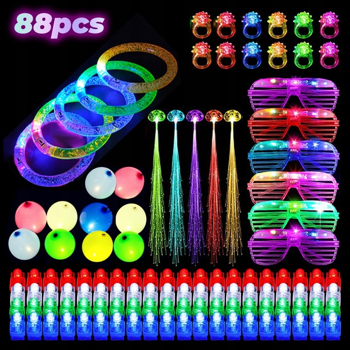 Комплект от 88 LED аксесоара за парти, балони, гривни, очила, многоцветни
