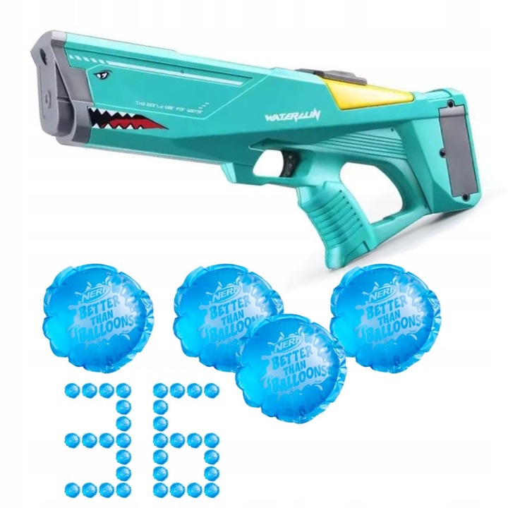 Електрически воден пистолет Shark, автоматично пълнене, 600 мл, 8-10 м, комплект с 36 водни бомби Nerf
