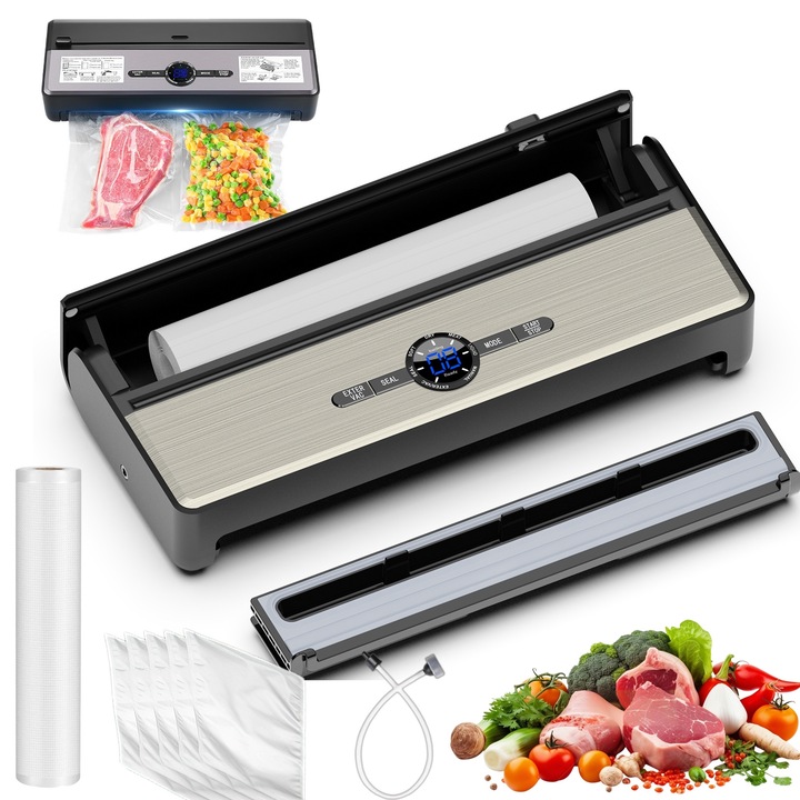 Automata vákuumhegesztő élelmiszerekhez, 7 üzemmód, fekete, 39x15x5,8cm, fólia és zacskókészlettel