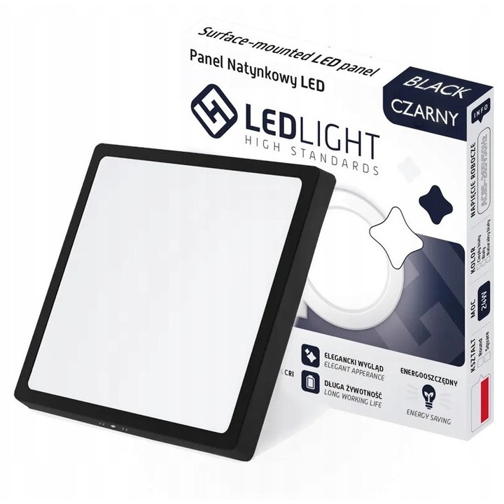 Panel LED 24W, 29x29cm, negru, montaj natynkowy, lumina neutrala 4500K sau calda 3000K