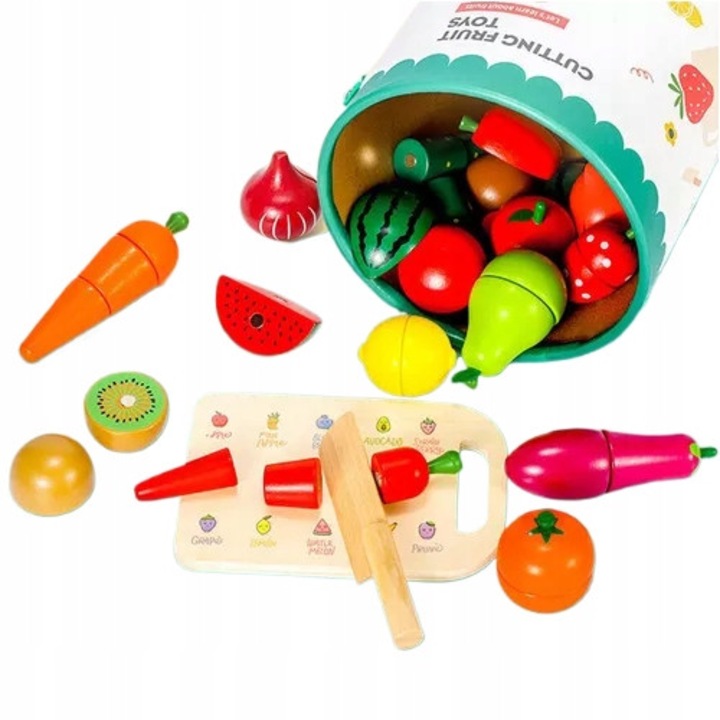 Set de accesorii de bucatarie din lemn, PAN I PANI GADZET, legume, fructe, 18 elemente, multicolor
