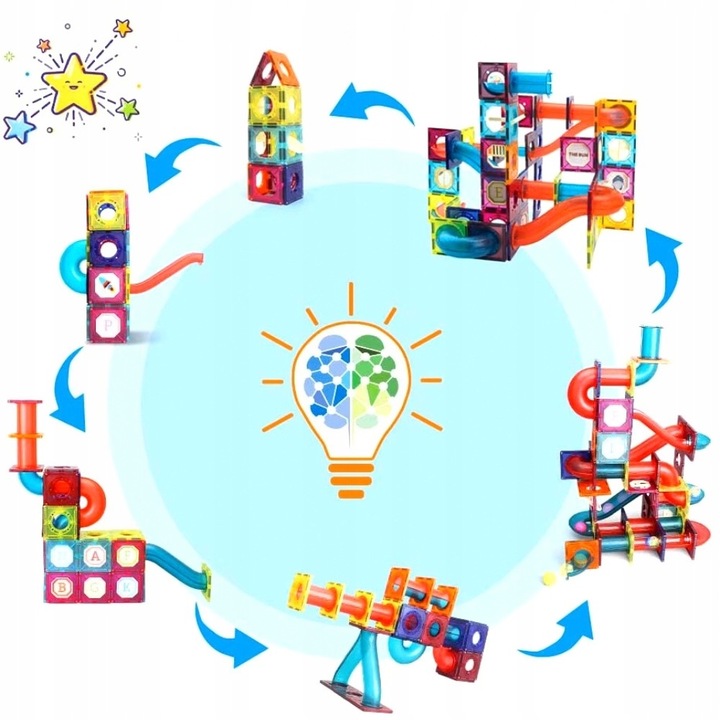 Set 75 piese blocuri magnetice cu efecte LED, culori variate, pentru copii peste 3 ani