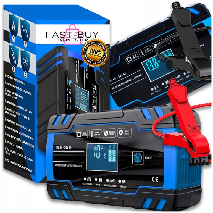 Automata töltő 12V/8A LCD kijelzővel, regeneráló funkcióval, 170x98x58mm, autó- és motorkerékpár akkumulátorokhoz