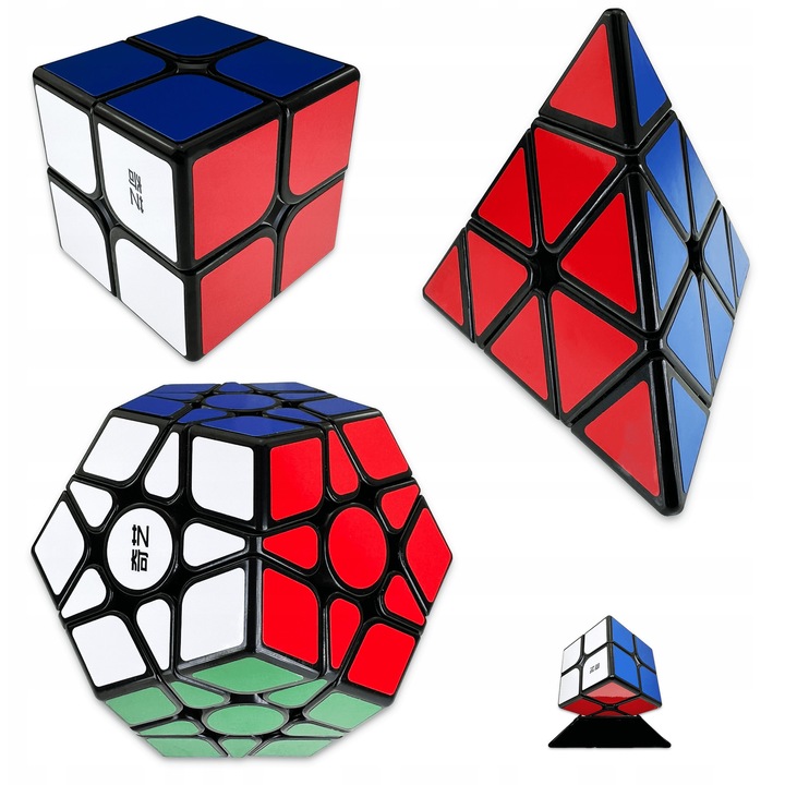 Set cuburi logice 2x2 + Piramida + Megaminx, QiYi, culori vii, dimensiuni compacte