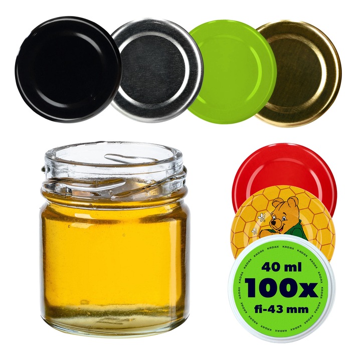 Set 100 borcane 40ml cu capace, Kadax, sticla, rezistente, transparente, 4,3x4,9cm