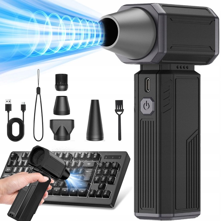 Mini suflanta electrica pentru praf, 130000 RPM, 6000mAh, 3 duze, neagra