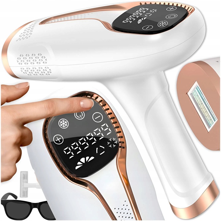 Epilator IPL MEMFLOW cu functie de racire ICE, 5 niveluri de putere, alb-aurie, 24x10.5cm