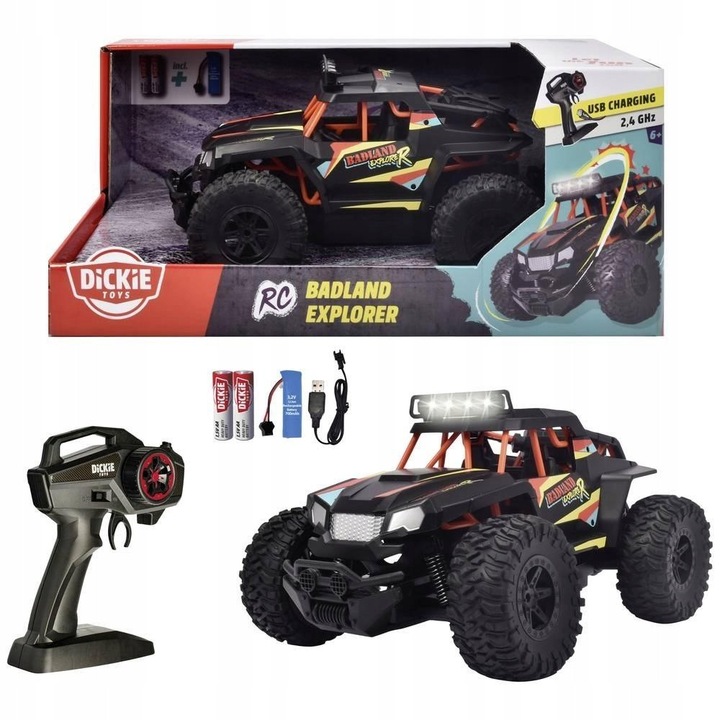 Masinuta RC AC Badland Explorer, Dickie Toys, teren, lumini, set complet, 700V, 2,4 GHz