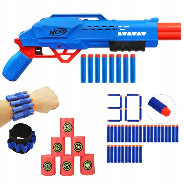 Пистолет Nerf Alpha Strike Big Cat DB-2, комплект 38 стрелички, 8 мишени, 50 см, многоцветен + дунапренови стрели