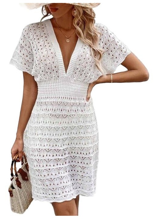 Női strand pareo, S-85-ös modell, boho, csipke, fehér, 85cm