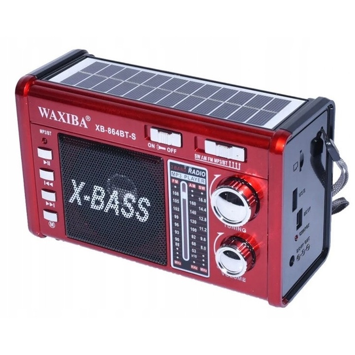 Radio portabil, Waxiba, incarcare solara cu Bluetooth, acumulator 1200 mAh, functie lanterna, rosu