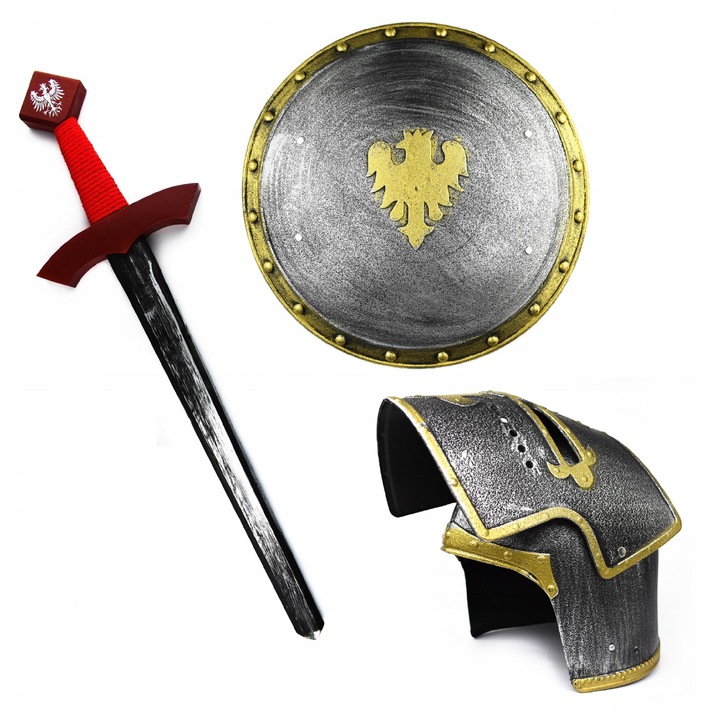 Set costum cavaler cu sabie, scut si coif, rosu si gri, 60cm