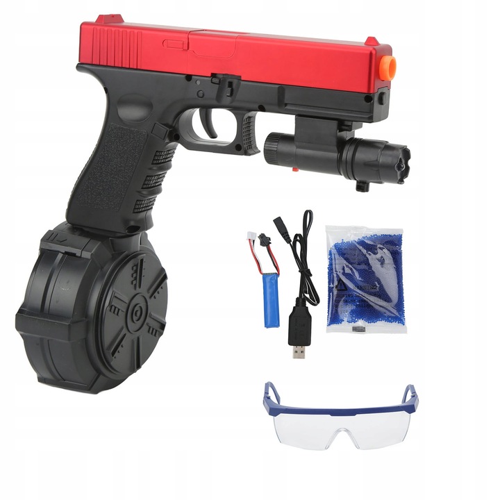 Set jucarie electrica de tip blaster cu bile gelatinoase, rosie, 21x13.5x3cm, pentru copii peste 14 ani