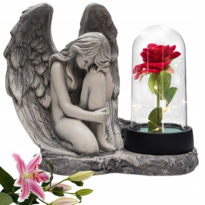 Figurina funerara, din gips, inger cu trandafir rosu, in clopot de sticla, iluminare LED, 20,5x20x14cm