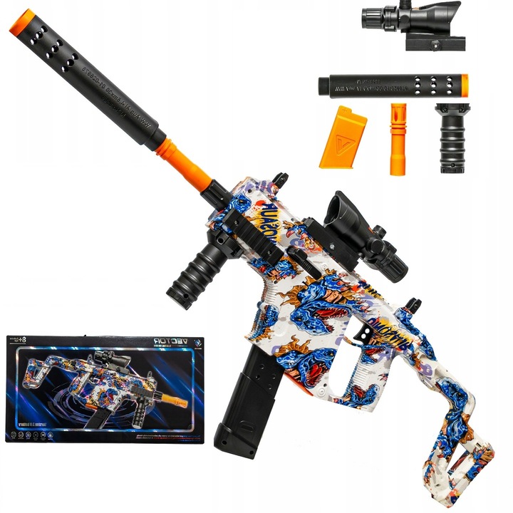 Carabina automatizata, 74cm, cu luneta, graffiti, set complet cu 500 bile gel, magazie, acumulator, ochelari de protectie