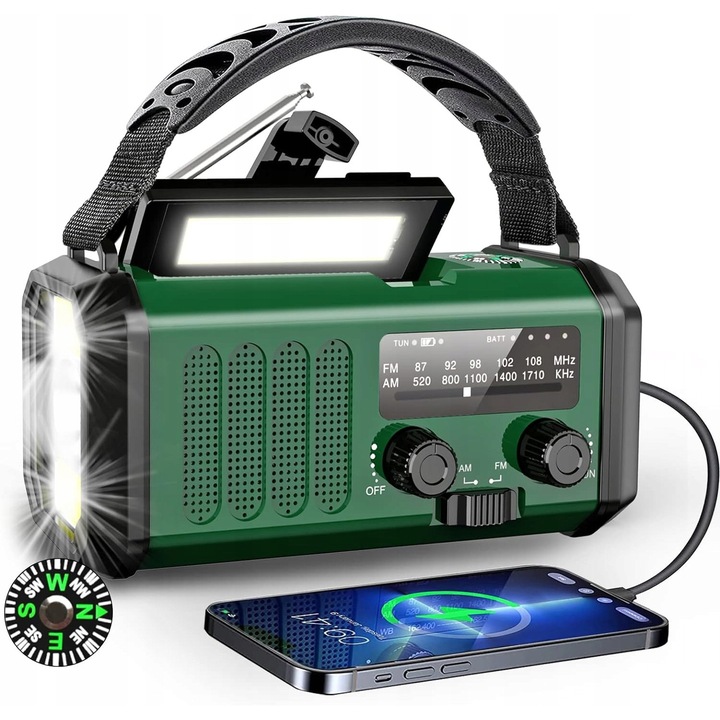 Аварийно радио, соларно, с акумулатор 10000mAh, фенер, компас, зелено, 160x90x80mm