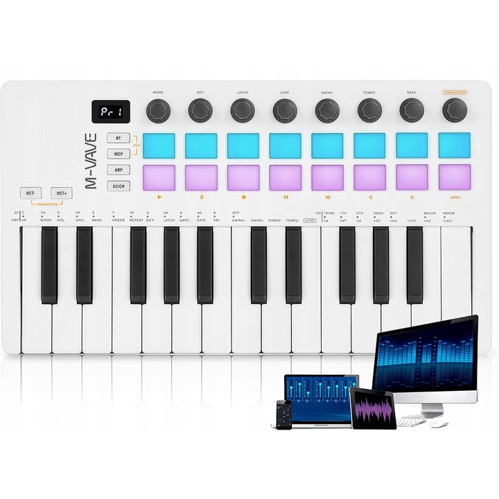 MIDI vezérlő 25 billentyűvel, 16 RGB paddal, fehér, 22.7x14.7x3.8cm