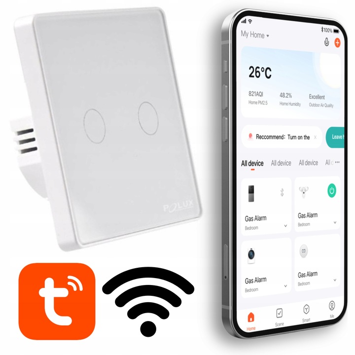 Intrerupator Wi-Fi SMART Polux, model SMART WIFI - TUYA, alb, 86x86x32mm, 2x800W