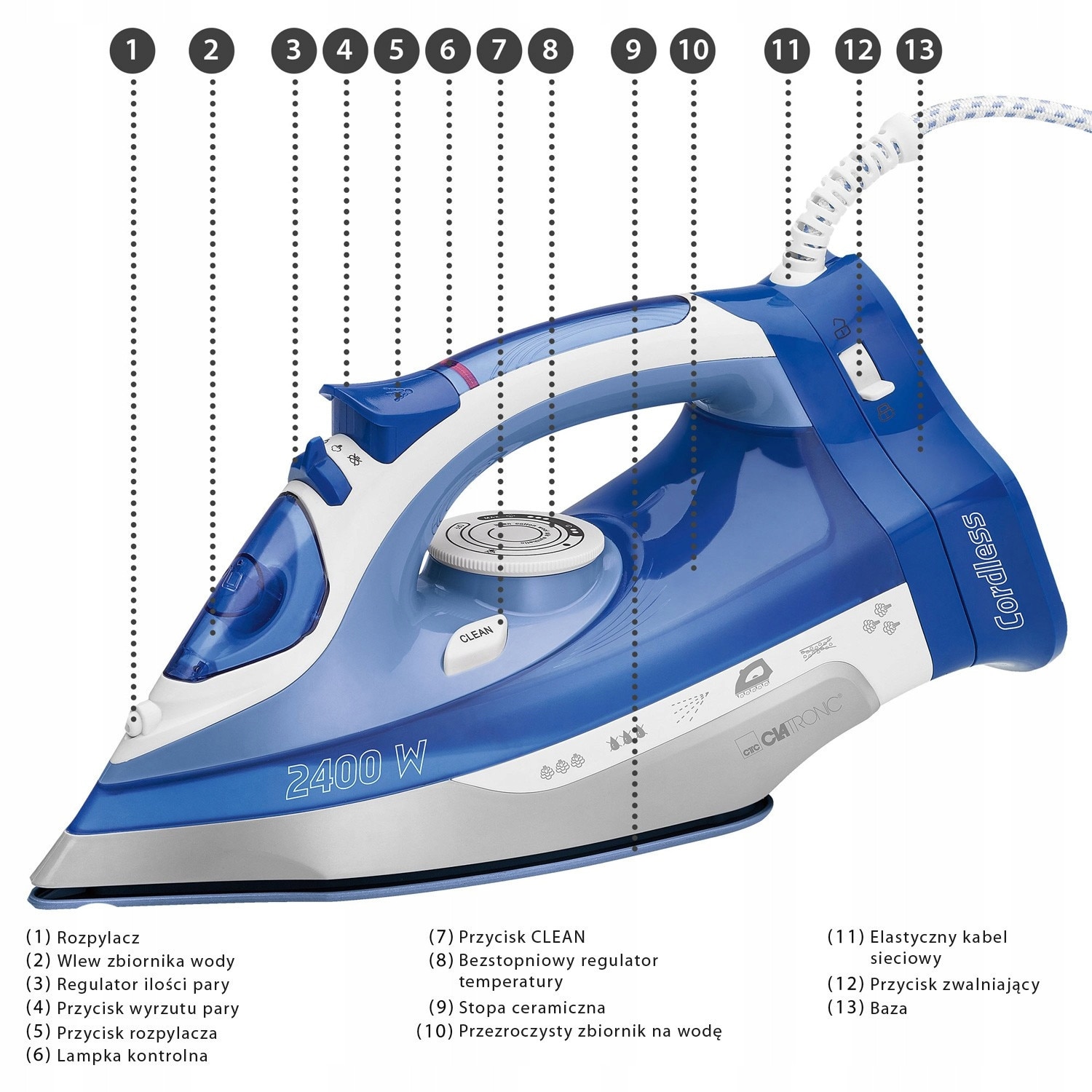 Fier de calcat fara fir Clatronic DB, ceramica, 2400W, abur, 350ml