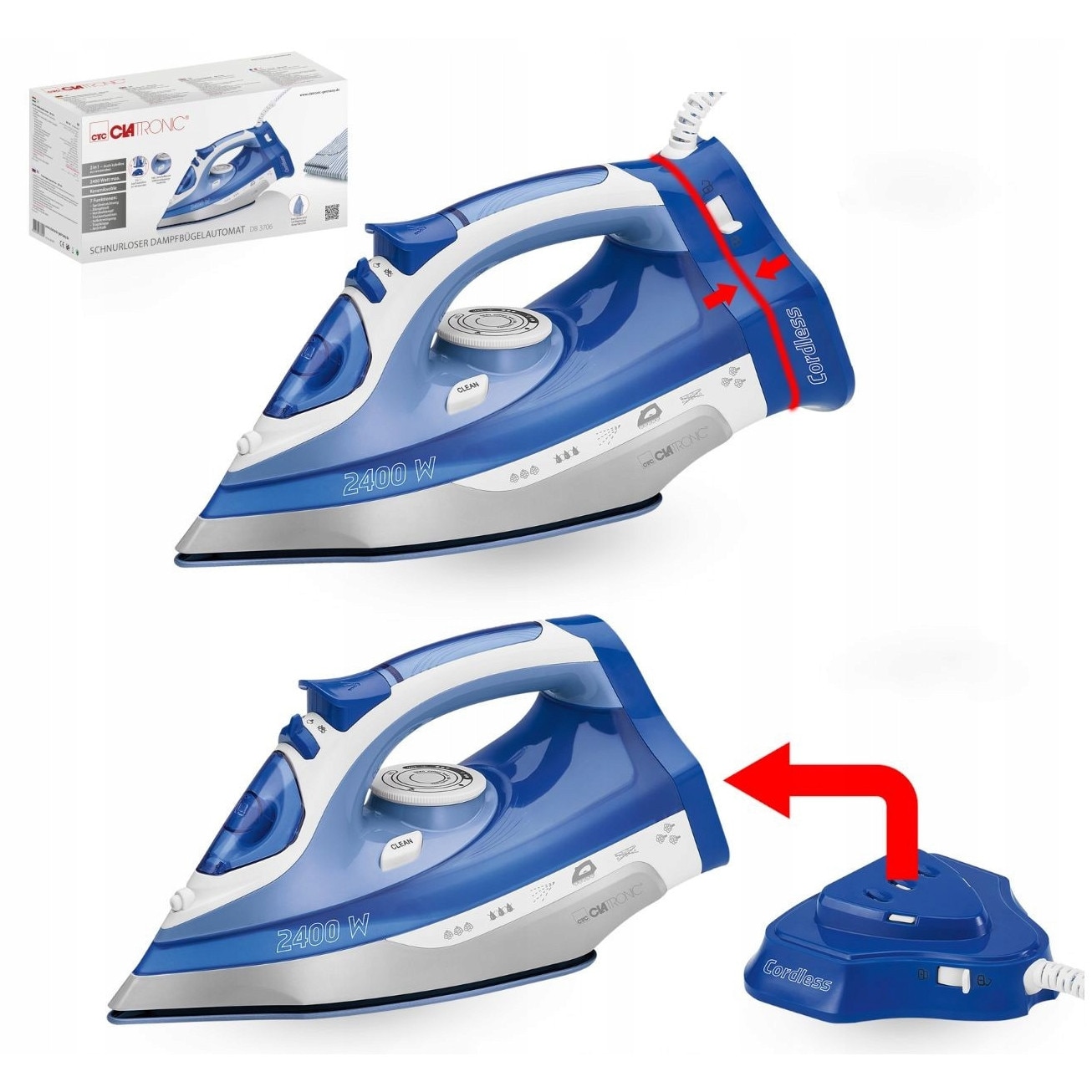 Fier de calcat fara fir Clatronic DB, ceramica, 2400W, abur, 350ml
