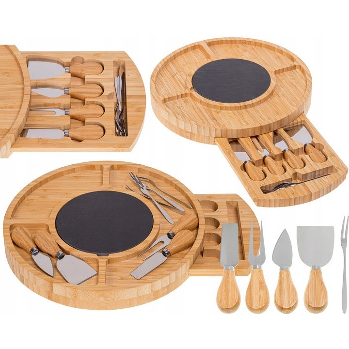 Tava de servire rotunda din bambus , set 4 cutite, 4 furculite, ZLARO, 33cm