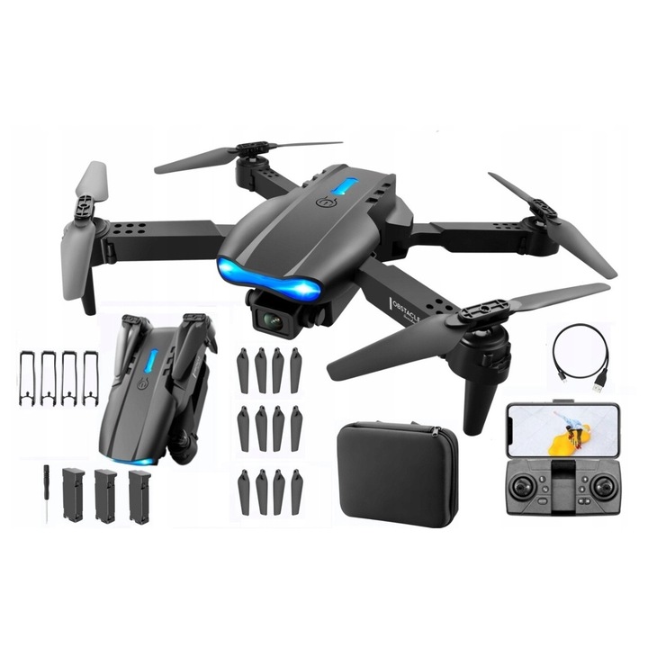 Dron E99 Pro Max 4K, 2 camere, autonomie 20 minute, culori multiple, set complet