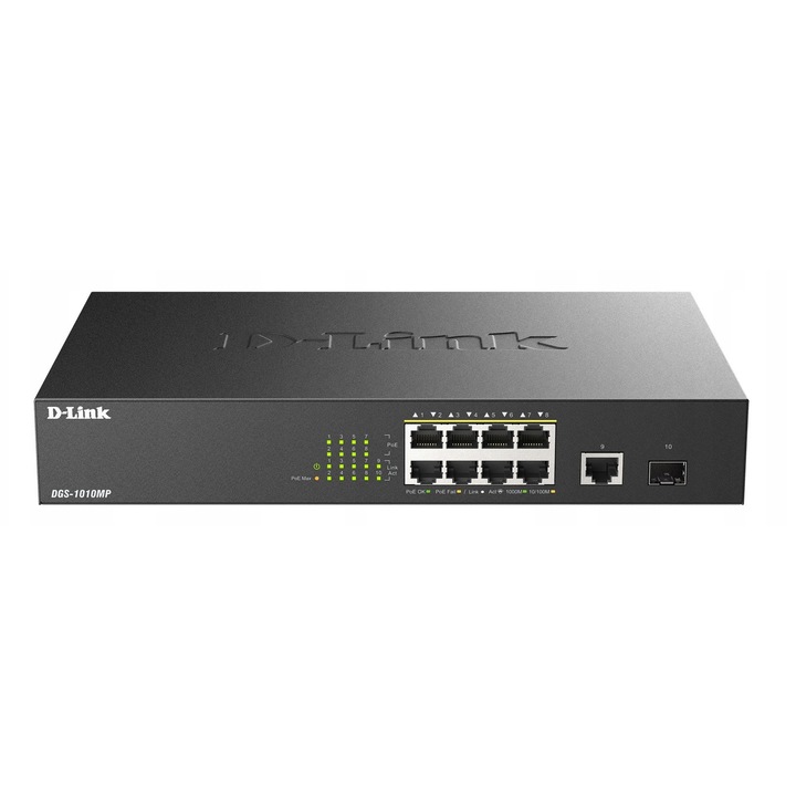 D-Link DGS-1010MP nem menedzselhető switch, 10 portos 10/100/1000 Mbps PoE, 1 Gigabit Ethernet port, 1 SFP port, 280x180x44mm