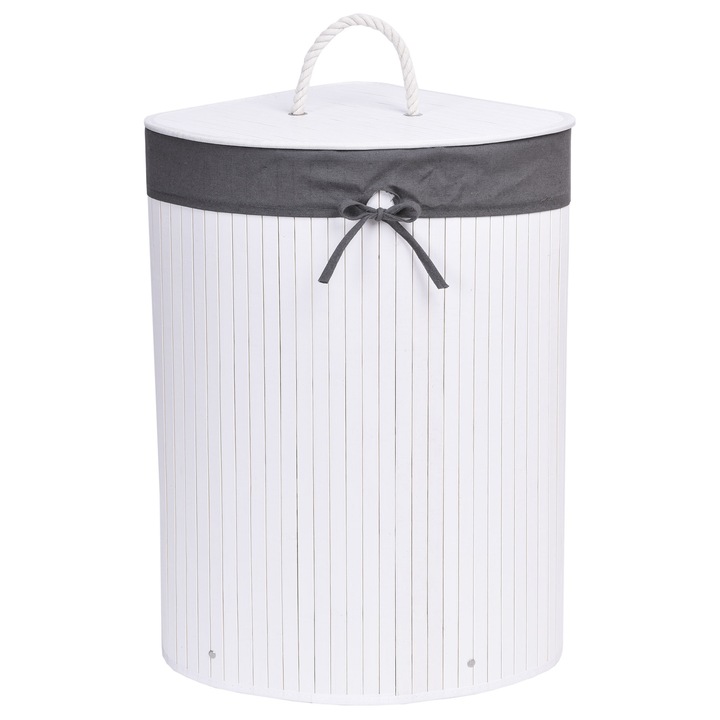 Cos de rufe coltar din bambus cu capac, 60 litri, alb-gri, 60x44x36cm