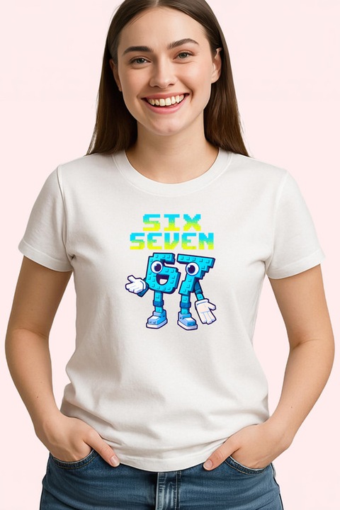 Tricou Dama SIX SEVEN 67 Robot Cartoon Albastru Classic, Alb