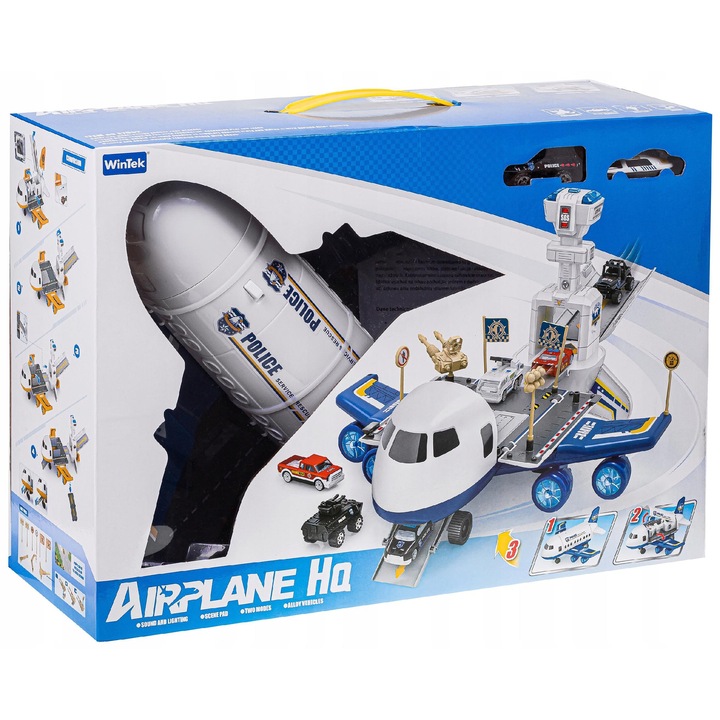Set XXL Avion de transport cu parcare, 4 masini de politie, 49x34x16cm
