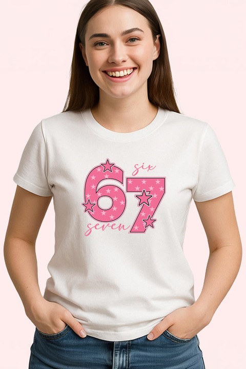 Tricou Dama SIX SEVEN 67 Roz Stele Dragut, Alb