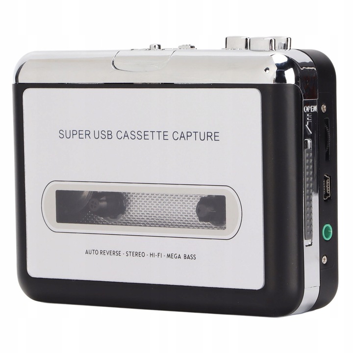 Convertitor portabil USB pentru casete, model EC218, convertor MP3, cu casti, culoare argintie, neagra