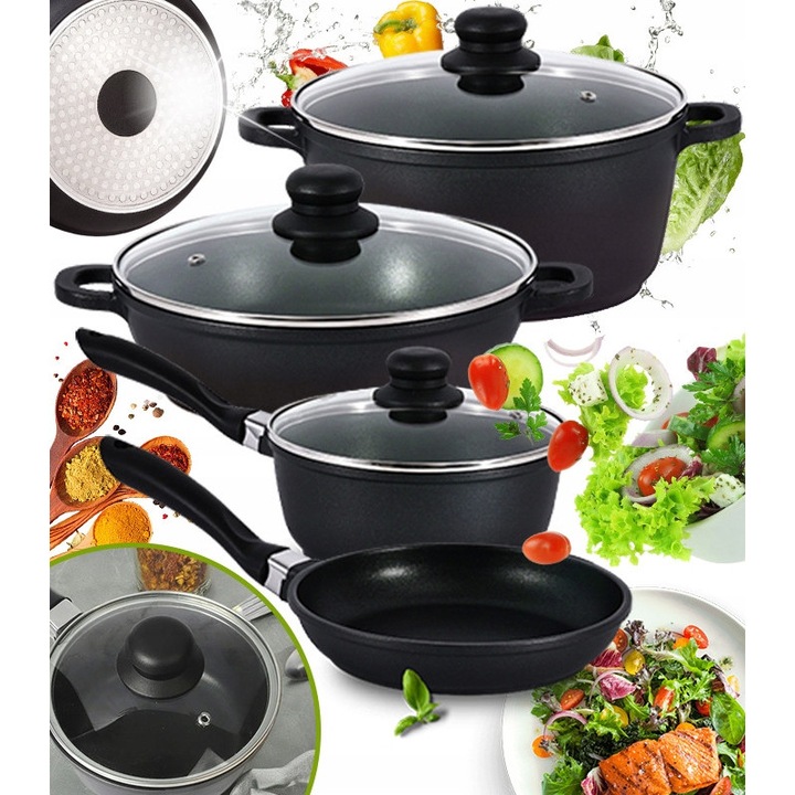 Set oale din aluminiu cu strat antiaderent, 7 elemente, negru, pentru inductie si gaz