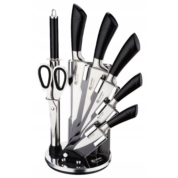 Set de cutite de bucatarie cu suport rotativ, 5 piese, otel inoxidabil, ergonomic