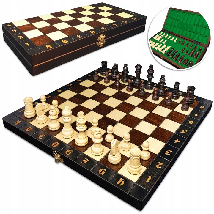 Set sahuri din lemn turneu, 38x38cm, figuri din lemn de fag, cutie din lemn de mesteacan