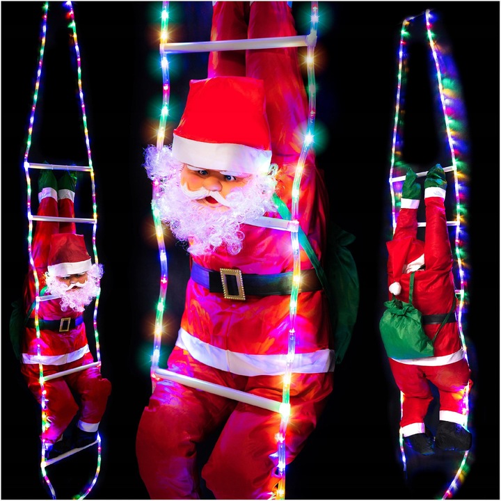 Figurina Craciun, Gotel, Mos Craciun pe scara, LED 91, multicolor, 1,25m