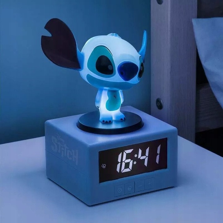 Ceas desteptator Paladone LED Disney Stitch, figura, 16,5 cm, albastru, cu functie de somn si lampa de noapte